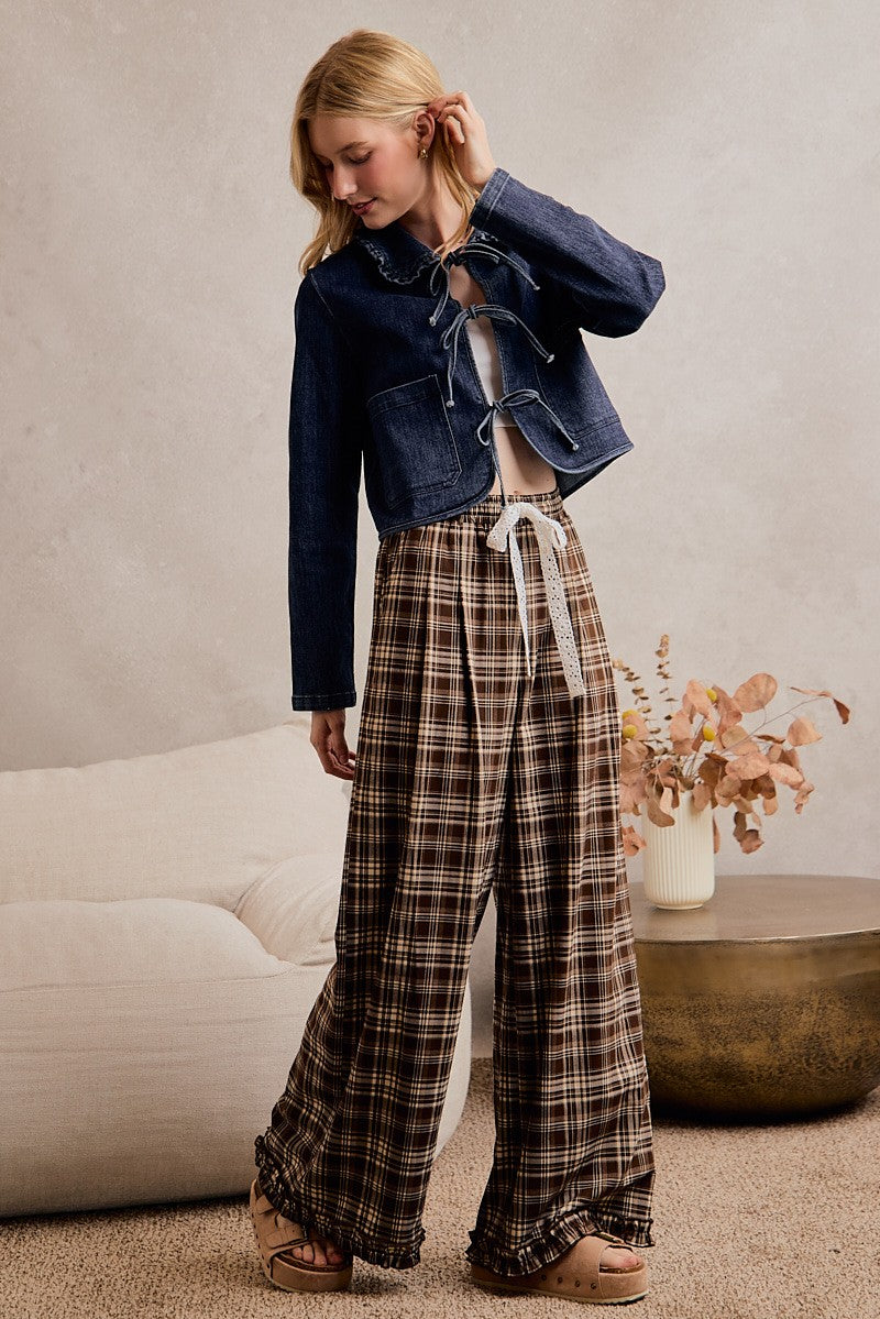 PLAID WIDE LEG RUFFLE PANTS