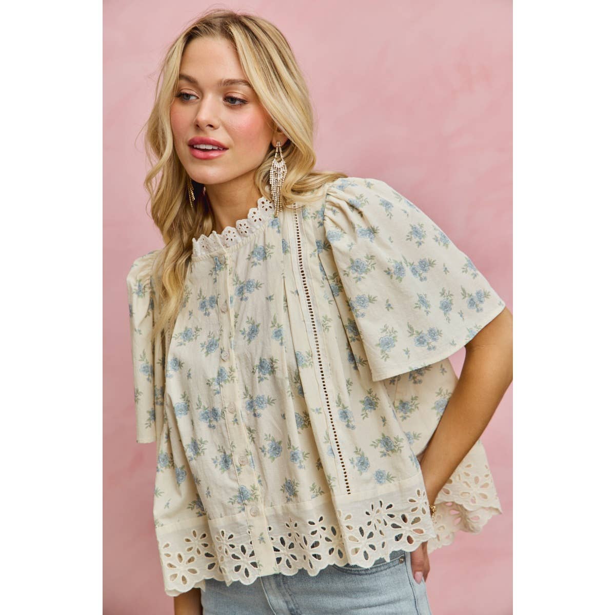 FLORAL PRINT LACE TRIM FLUTTER SLEEVES BLOUSE