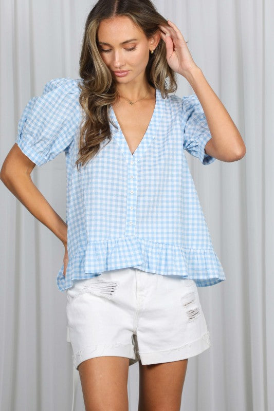 Blue Gingham Puff Blouse