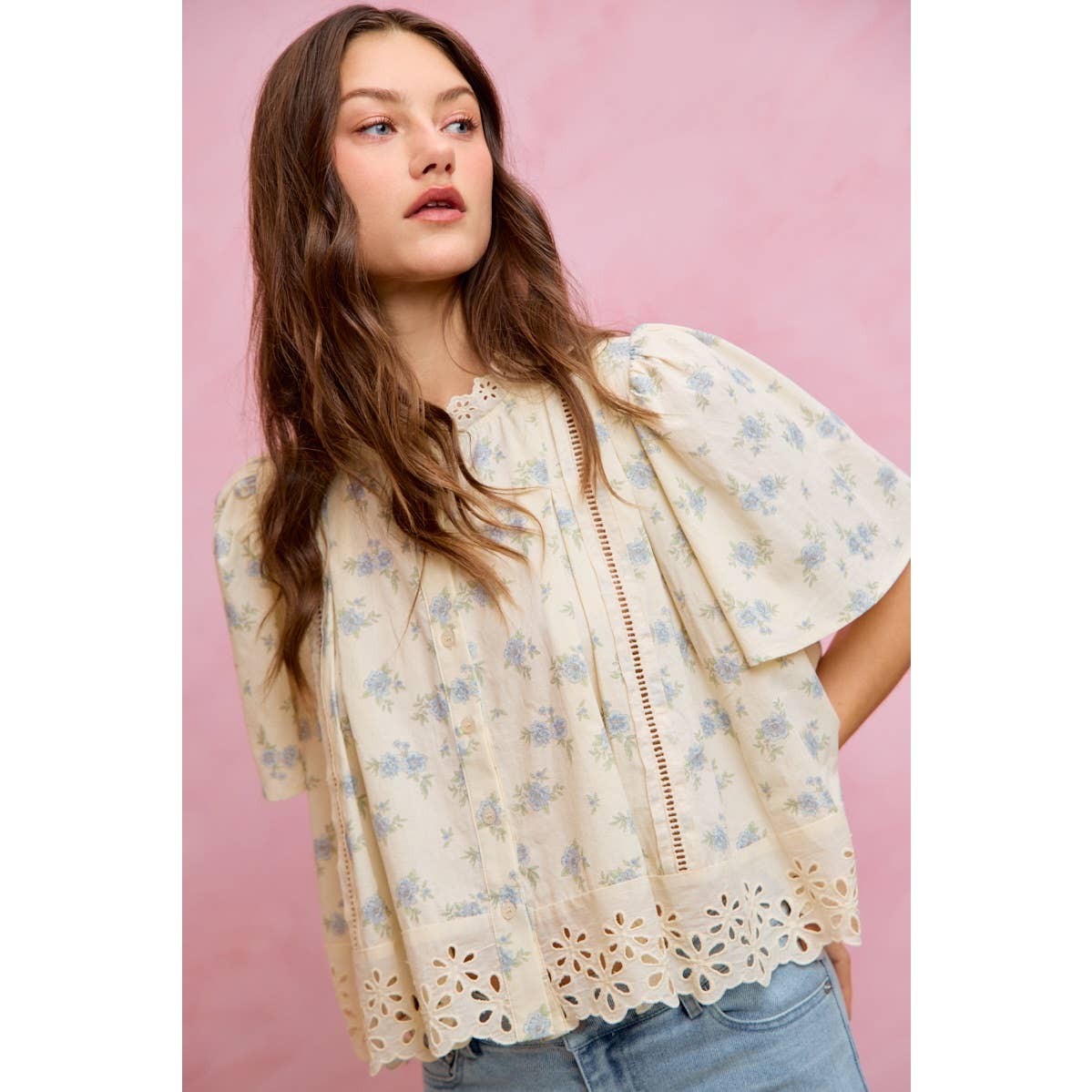 FLORAL PRINT LACE TRIM FLUTTER SLEEVES BLOUSE