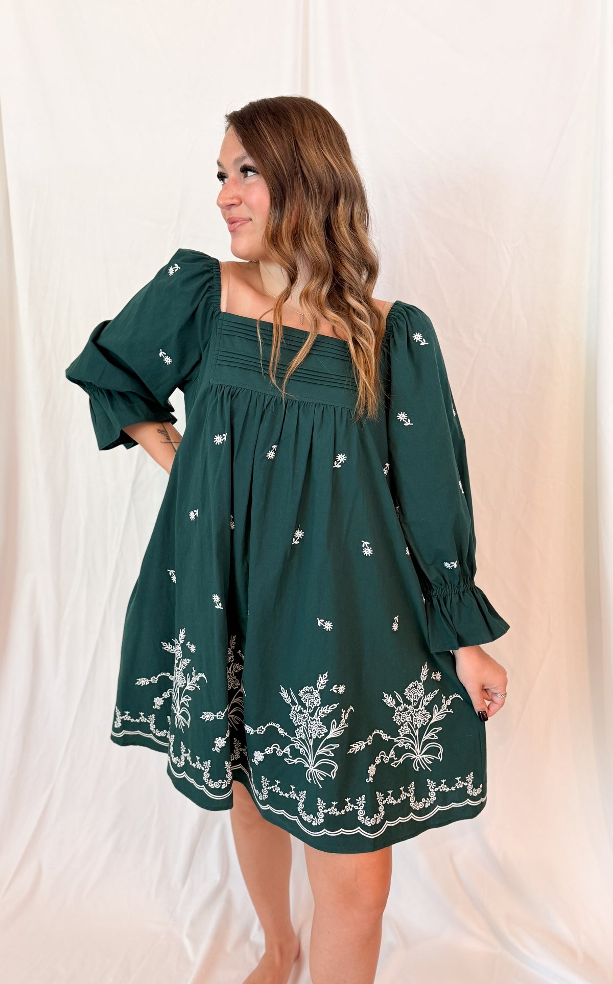 PLEAT DETAIL EMBROIDERED MINI DRESS