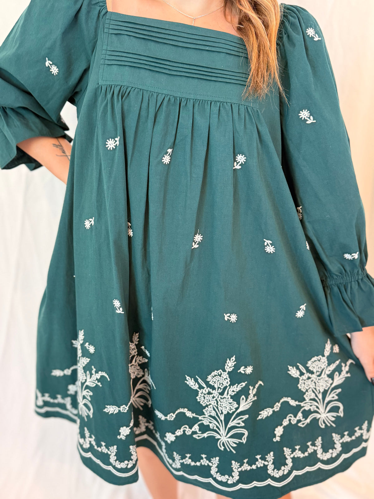 PLEAT DETAIL EMBROIDERED MINI DRESS