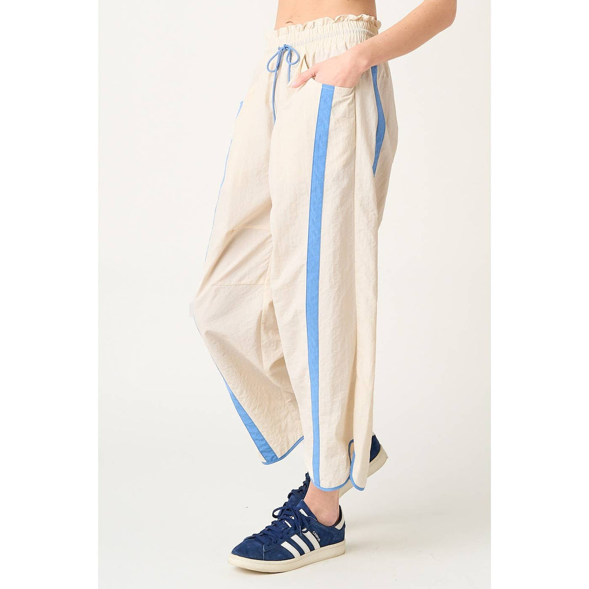 SPORTY STRIPE NYLON PULL ON BARREL LEG PANTS