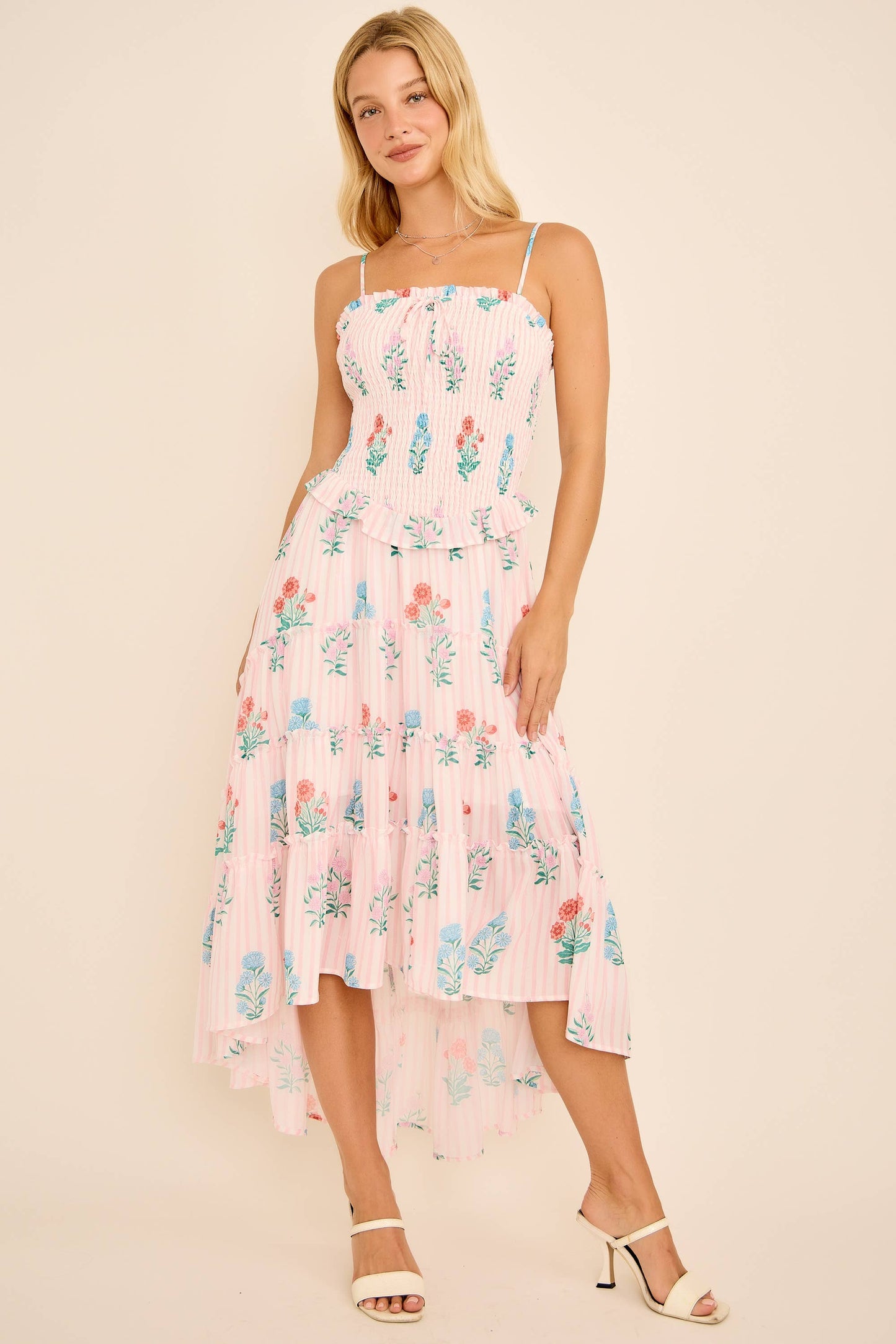 Smocked High-Low Ruffle Tier Strap Midi Dress
