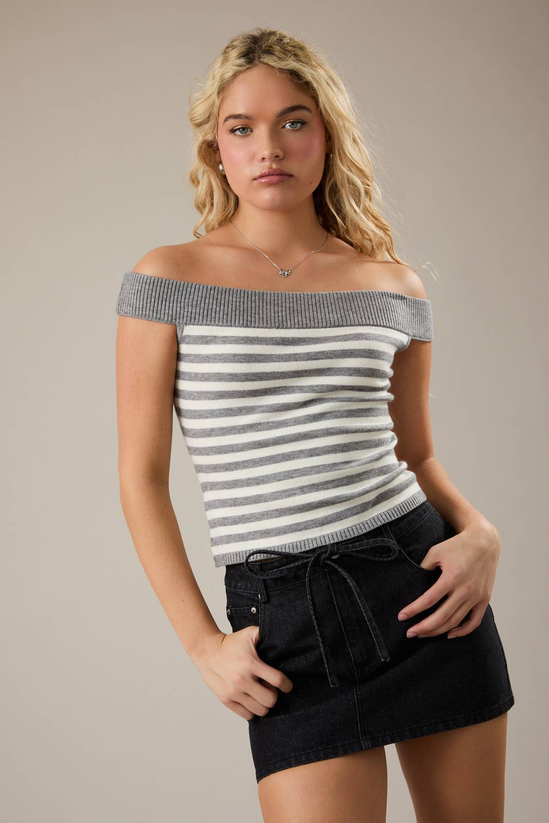 OFF SHOULDER STRIPE SWEATER TOP