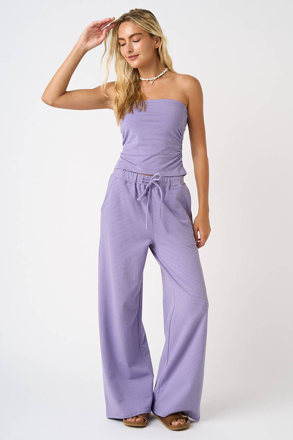 STRIPED PRINT SMOCKED BACK TUBE TOP AND PANTS SET