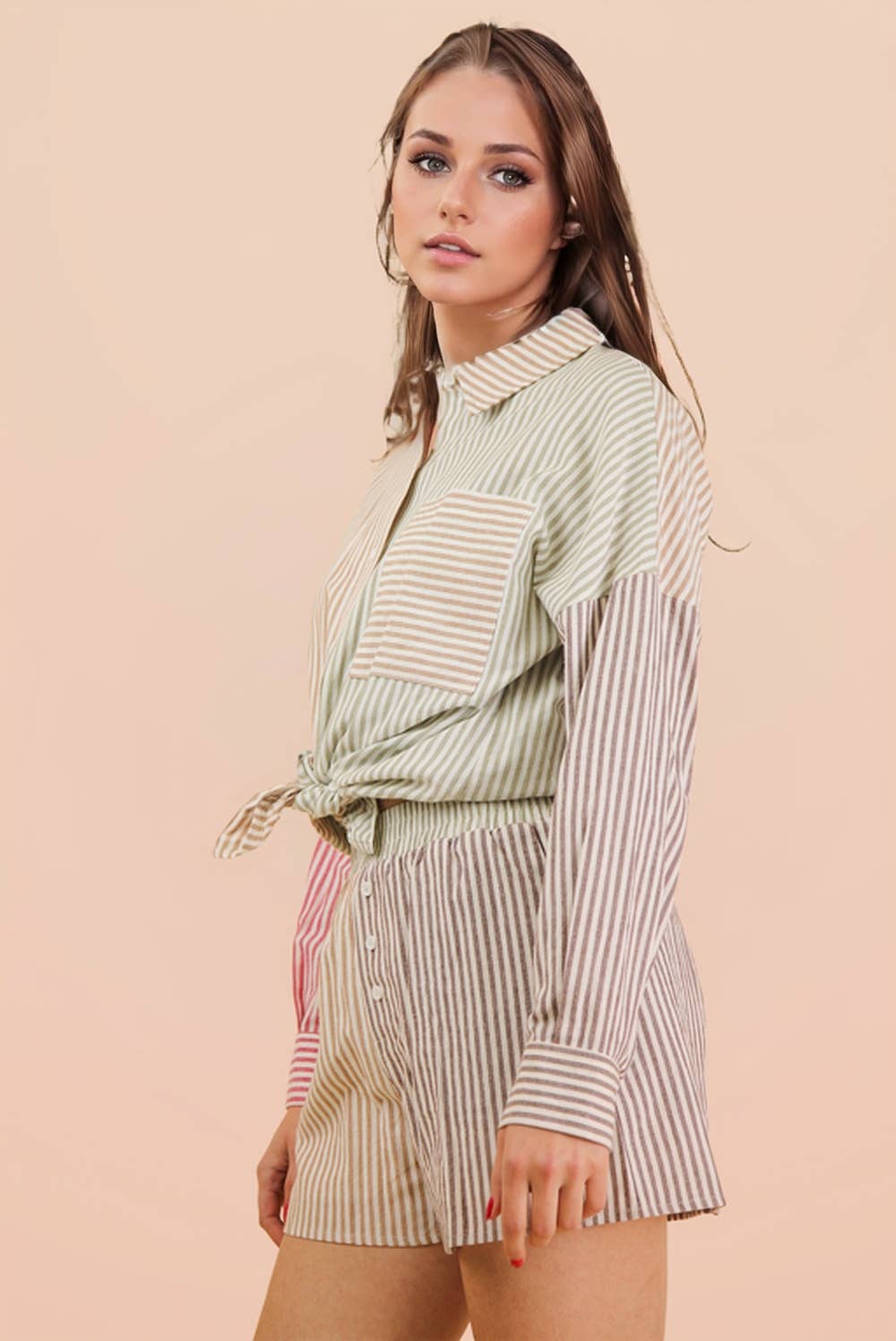 Stripe Color Block Shirt Top & Shorts Set