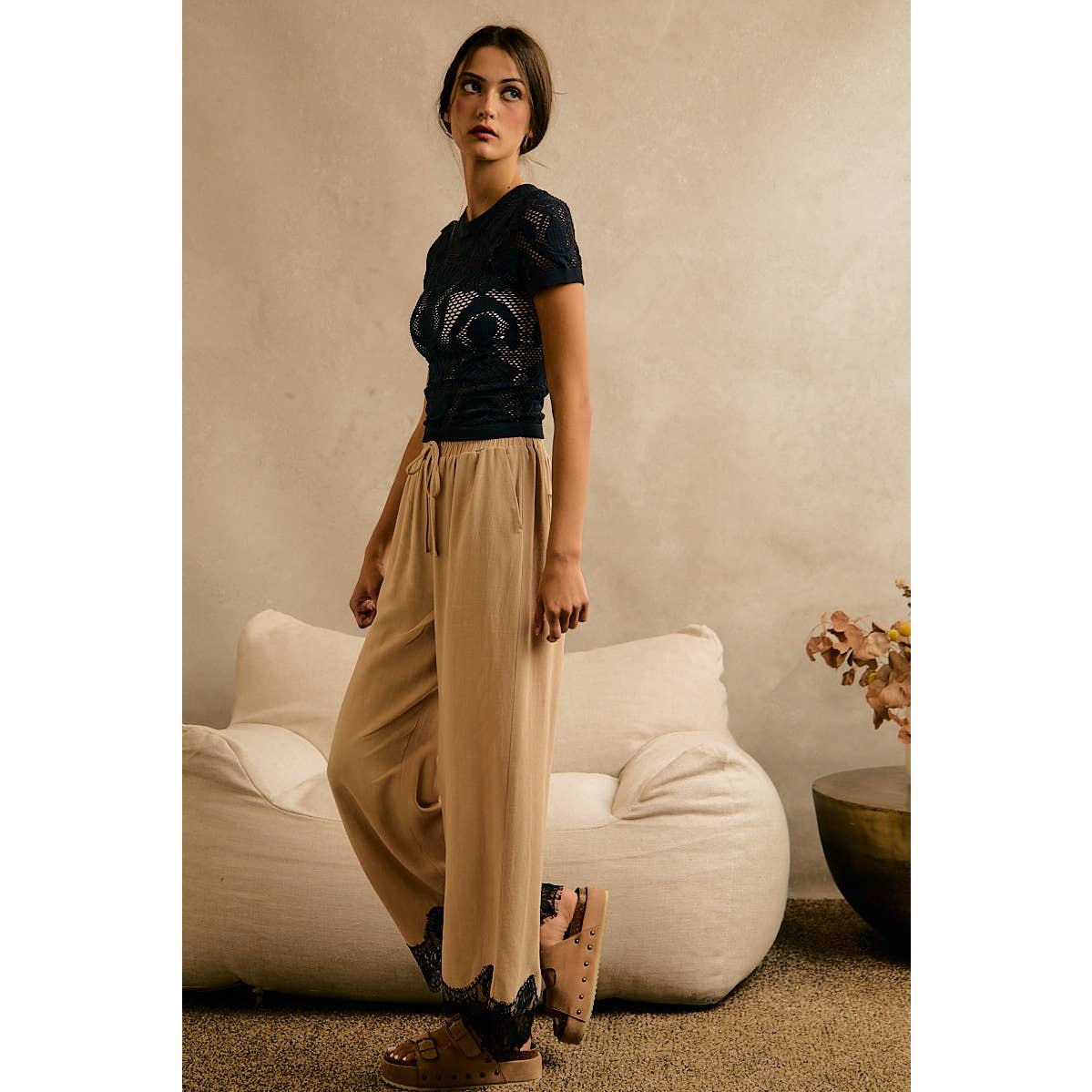 LINEN BLEND LACE TRIM BANDING WAIST PANTS