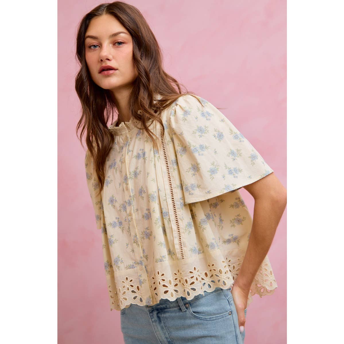 FLORAL PRINT LACE TRIM FLUTTER SLEEVES BLOUSE