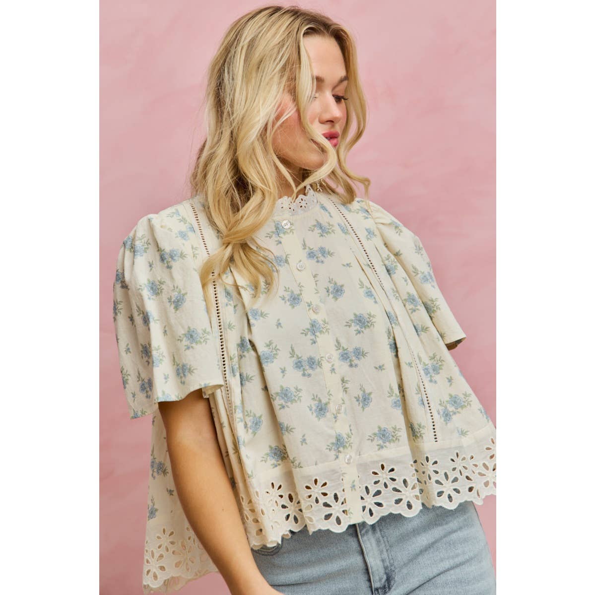 FLORAL PRINT LACE TRIM FLUTTER SLEEVES BLOUSE