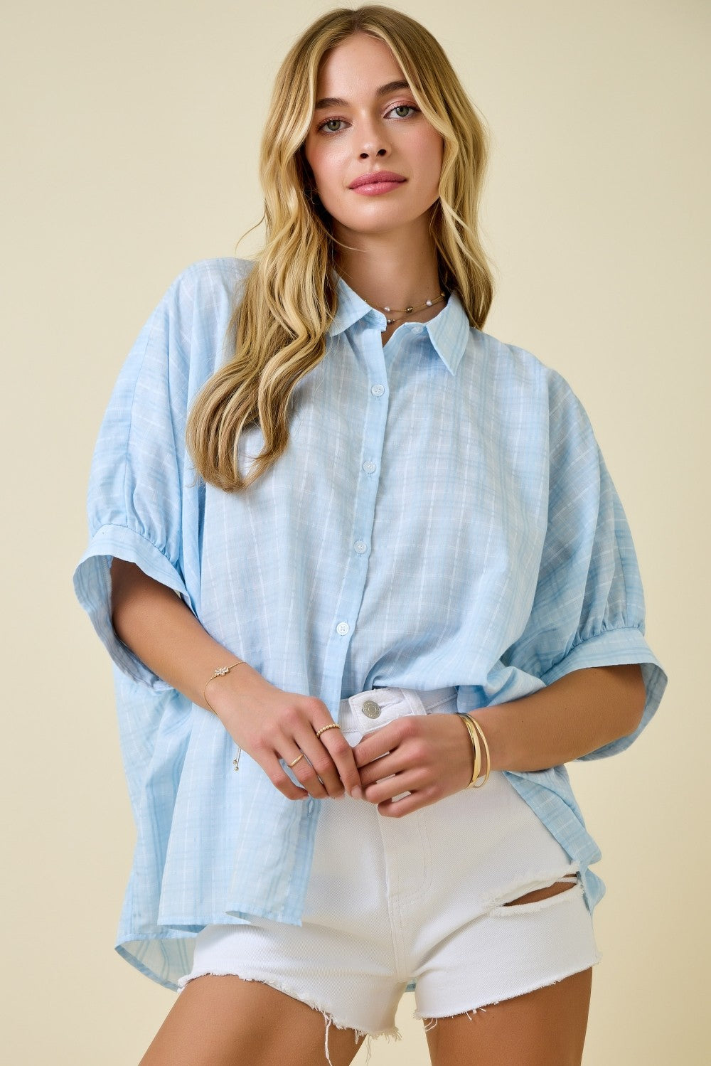 Button Down Textured Check Oversized Shirt Top