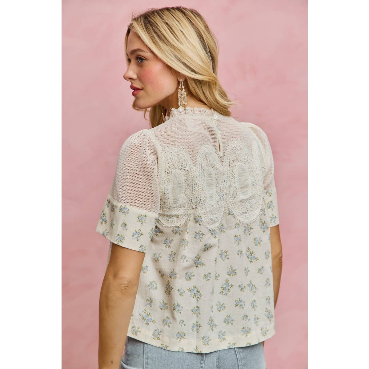 FLORAL PRINT LACE TRIM COTTON BLOUSE TOP