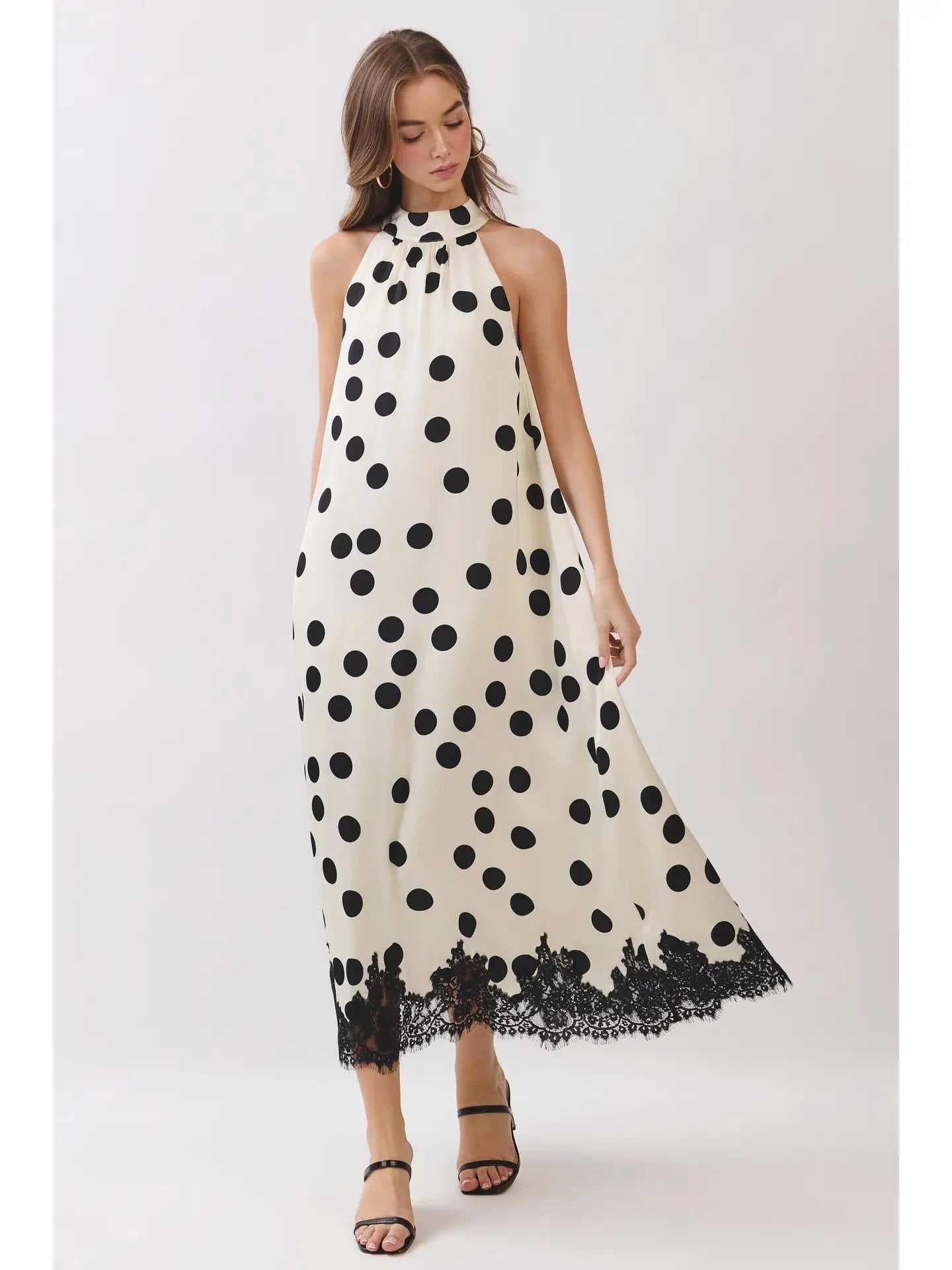 POLKA DOT LACE TRIM HALTER MAXI
