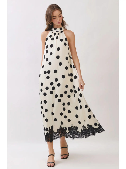 POLKA DOT LACE TRIM HALTER MAXI