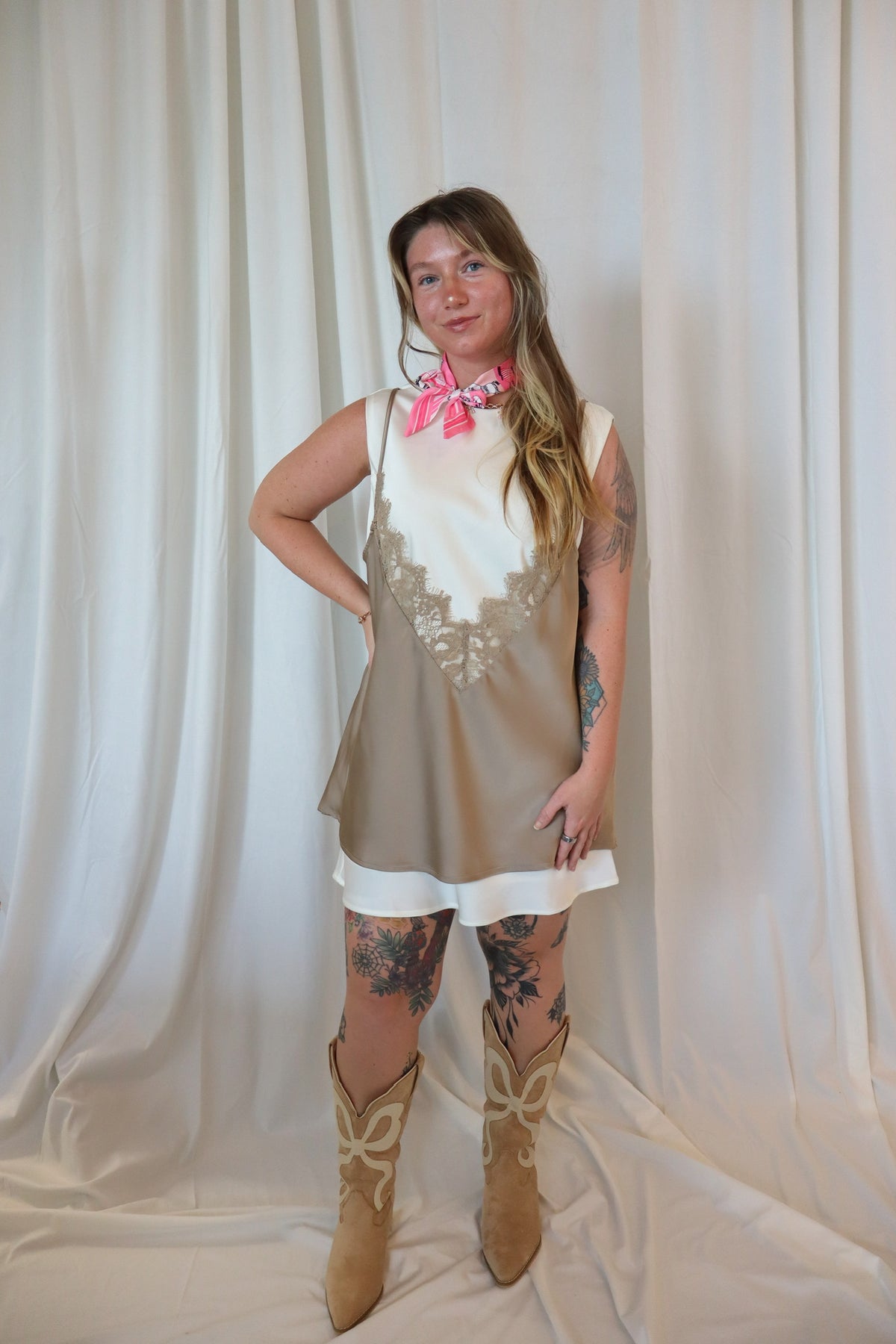 The Bowie | Almond Western Boot with Pink Inlay