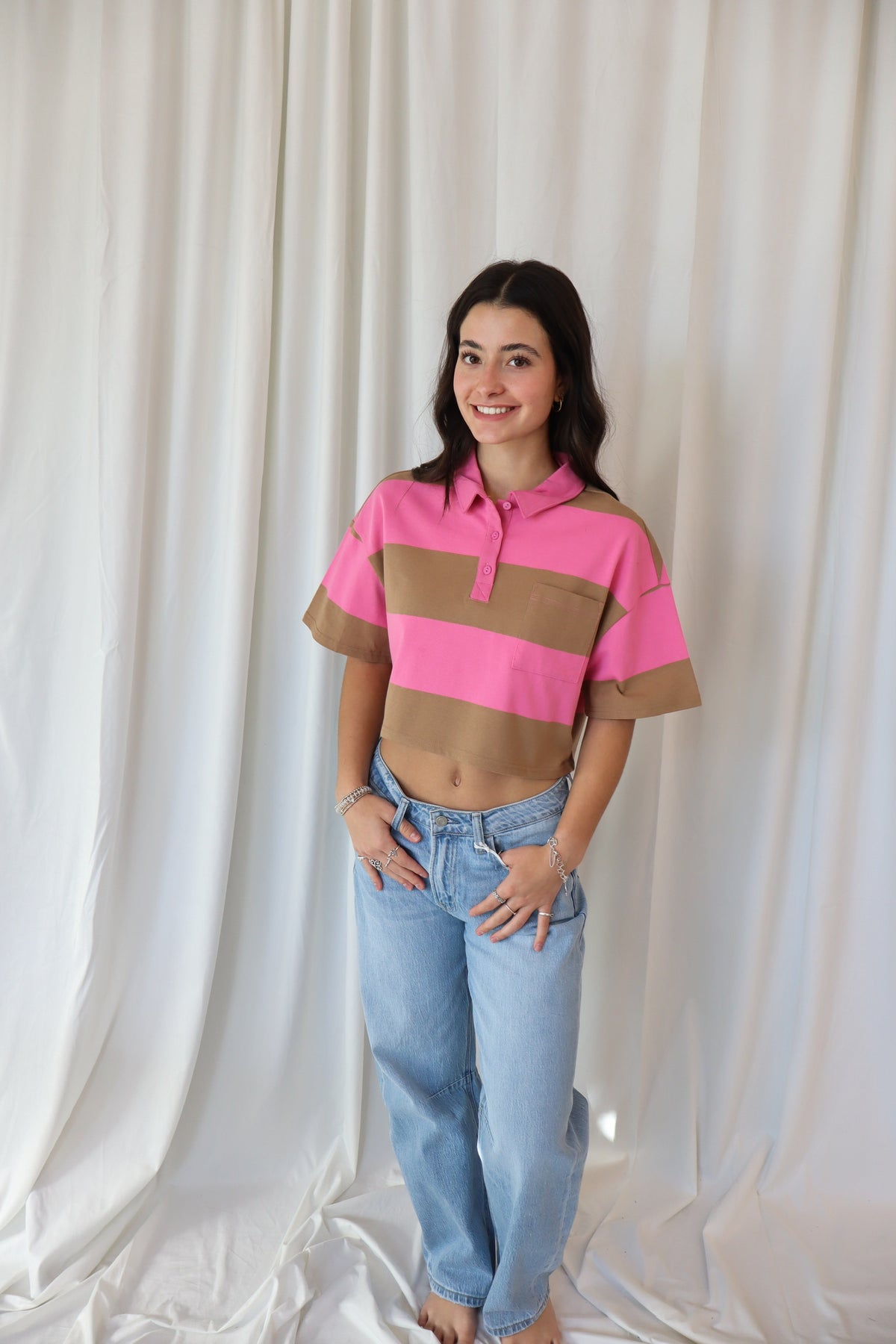 Cropped Rugby Stripe Polo Top