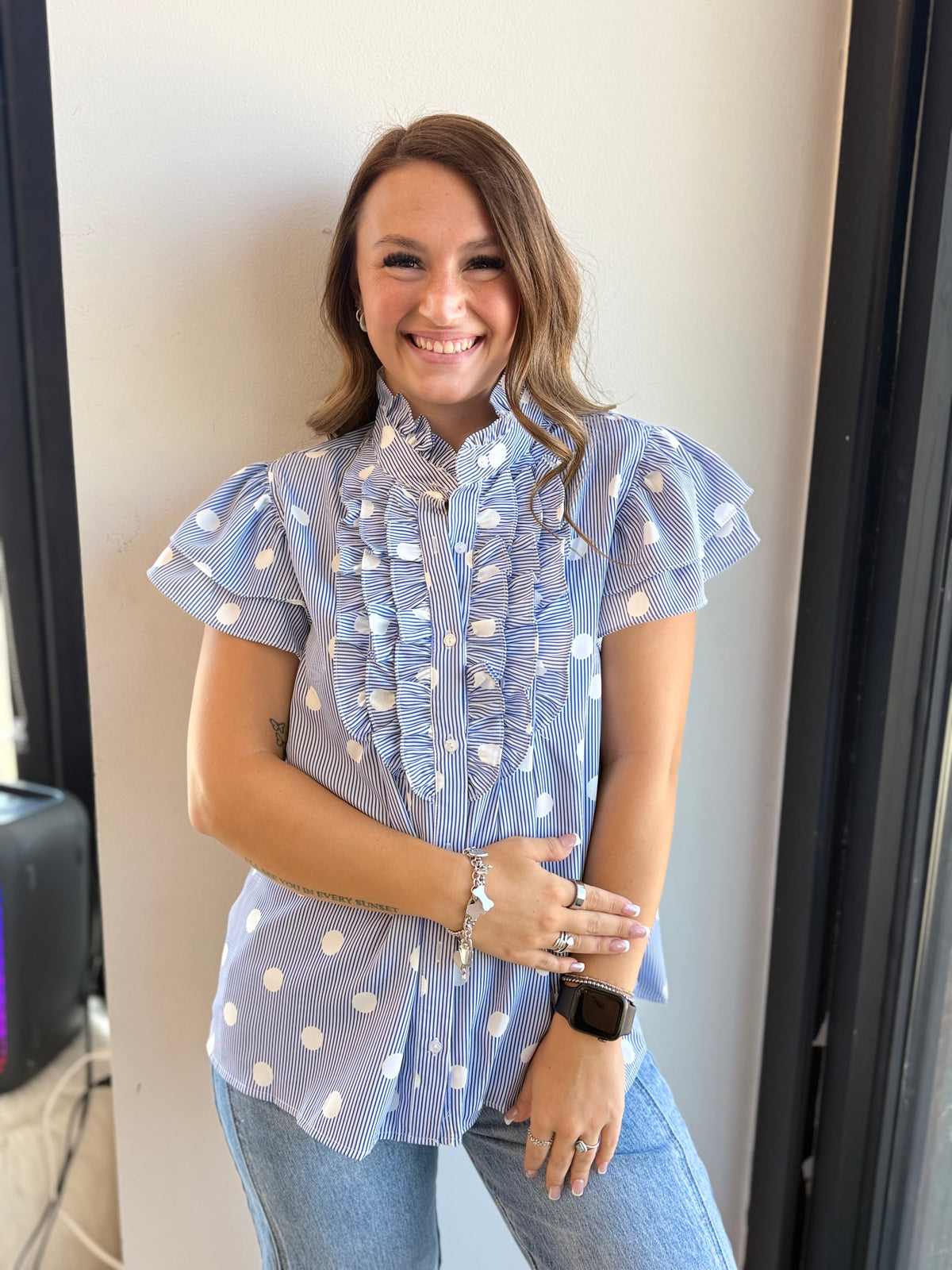 Stripe Contrast Polka Dot Ruffle Sleeve Shirt