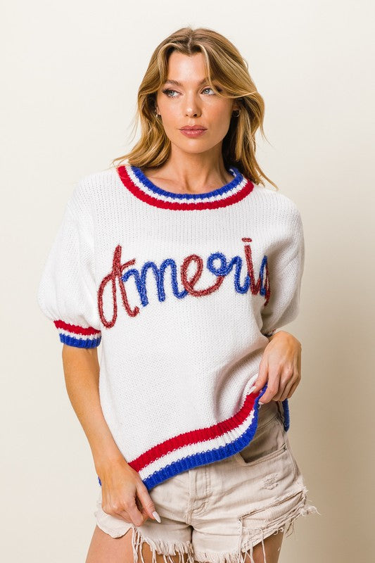 Metallic America Puff Sleeve Top