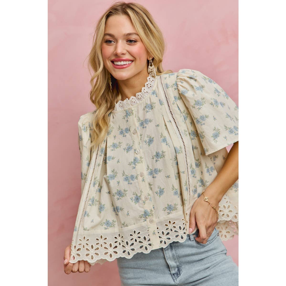 FLORAL PRINT LACE TRIM FLUTTER SLEEVES BLOUSE