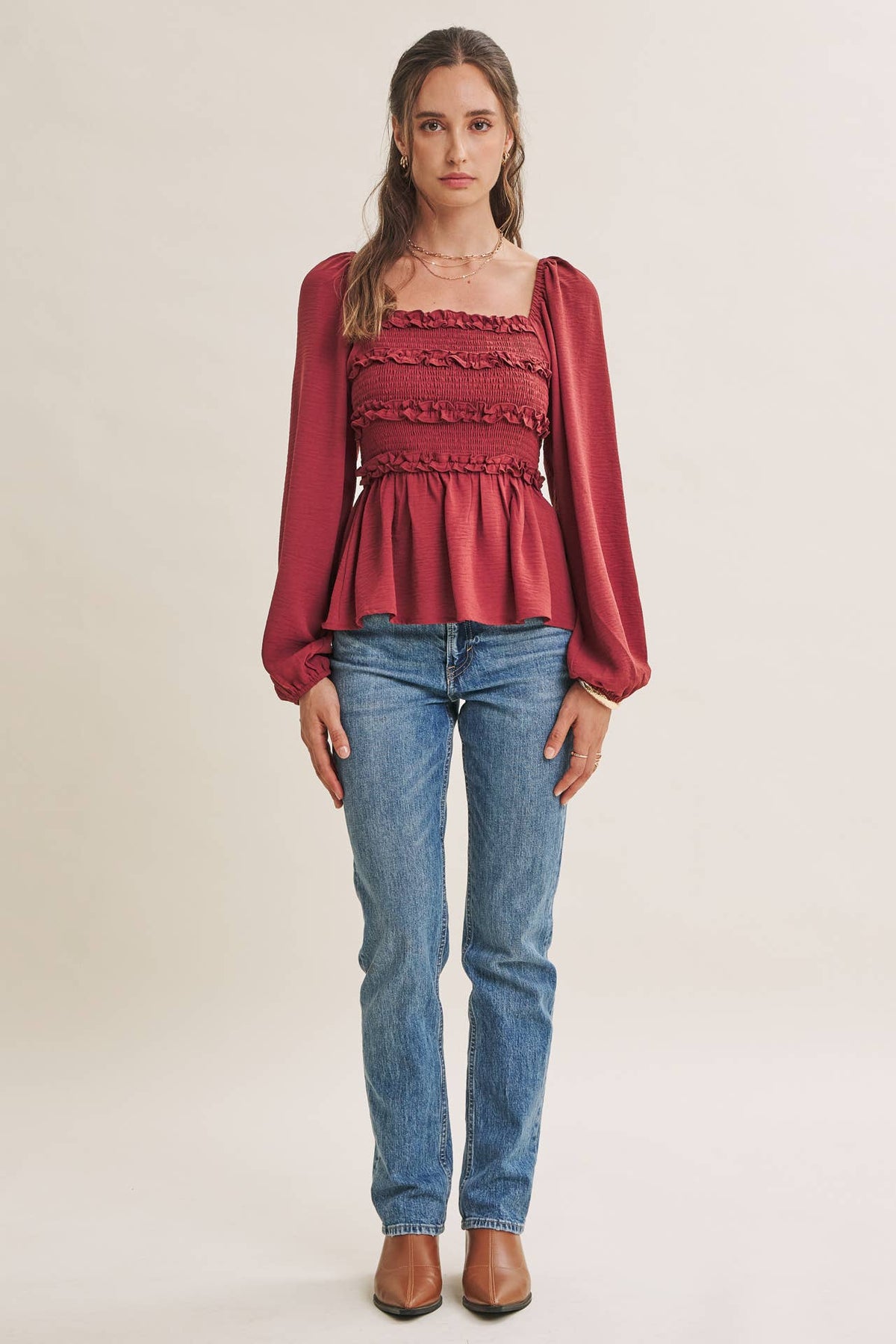 ROSEWOOD EVENING SQUARE NECK SMOCKED PEPLUM BLOUSE