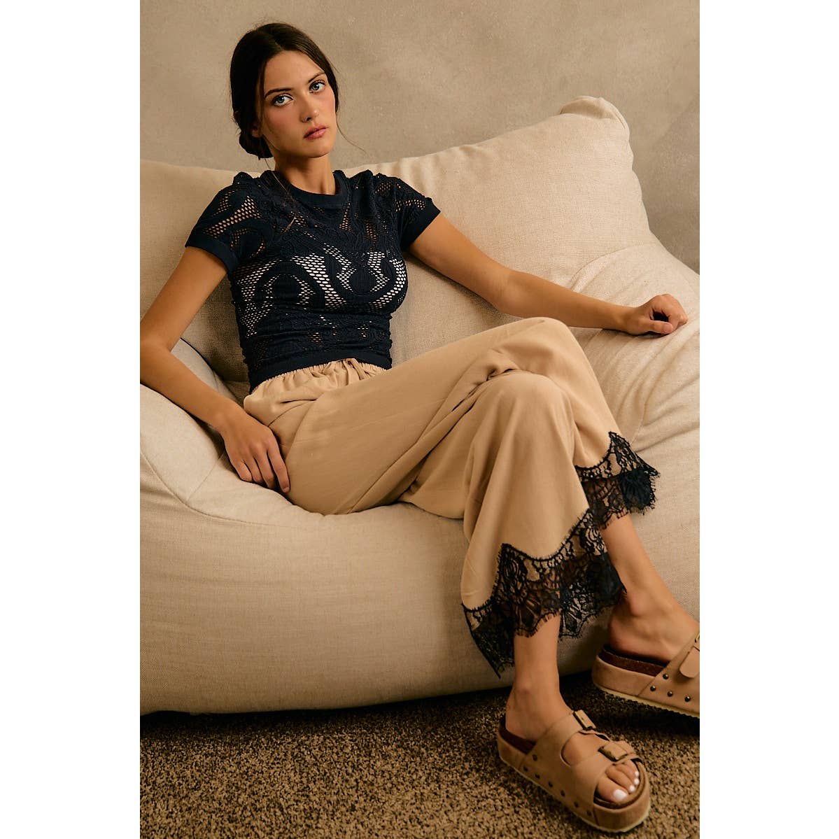 LINEN BLEND LACE TRIM BANDING WAIST PANTS