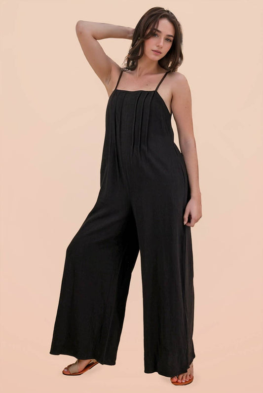 Pleated Solid Woven Sleeveless Jumpsuit