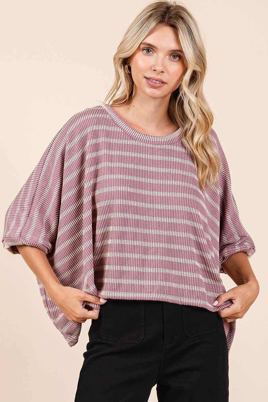 TEXTURE STRIPED PRINT ROUND NECK DOLMAN SLEEVE TOP