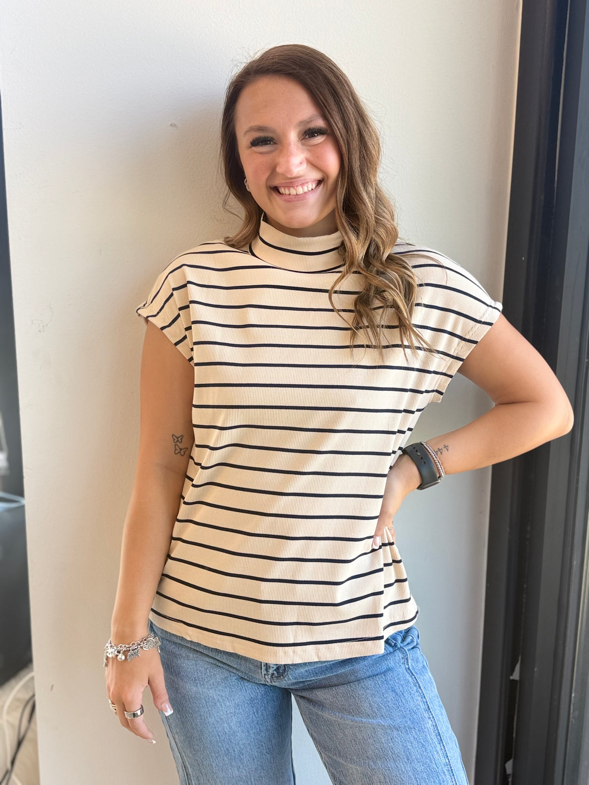 Stripe Mock Neck Short Sleeve Loose Top