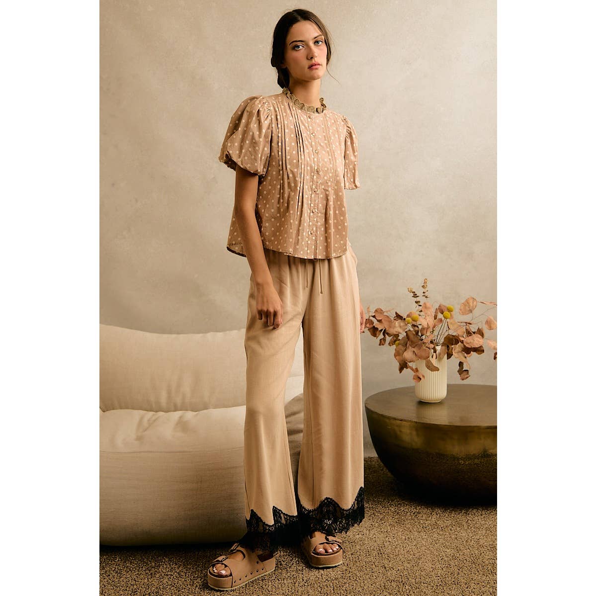 LINEN BLEND LACE TRIM BANDING WAIST PANTS