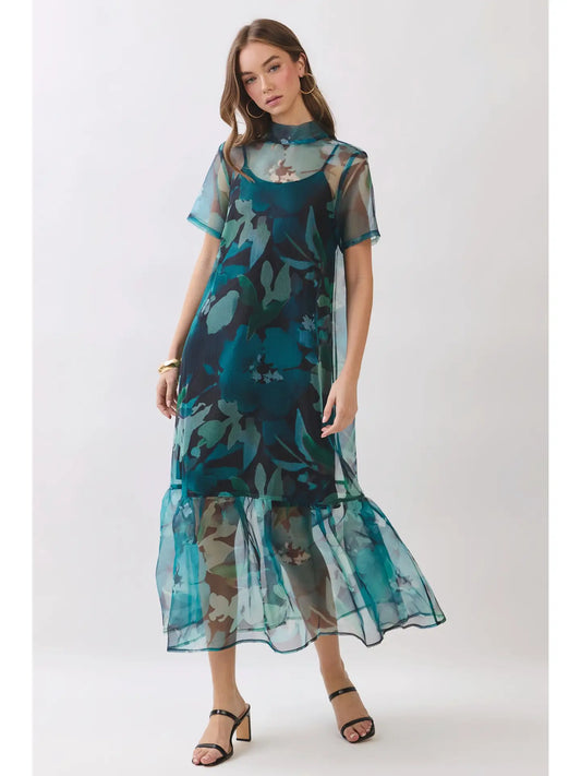SHEER FLORAL OVERLAY MAXI DRESS