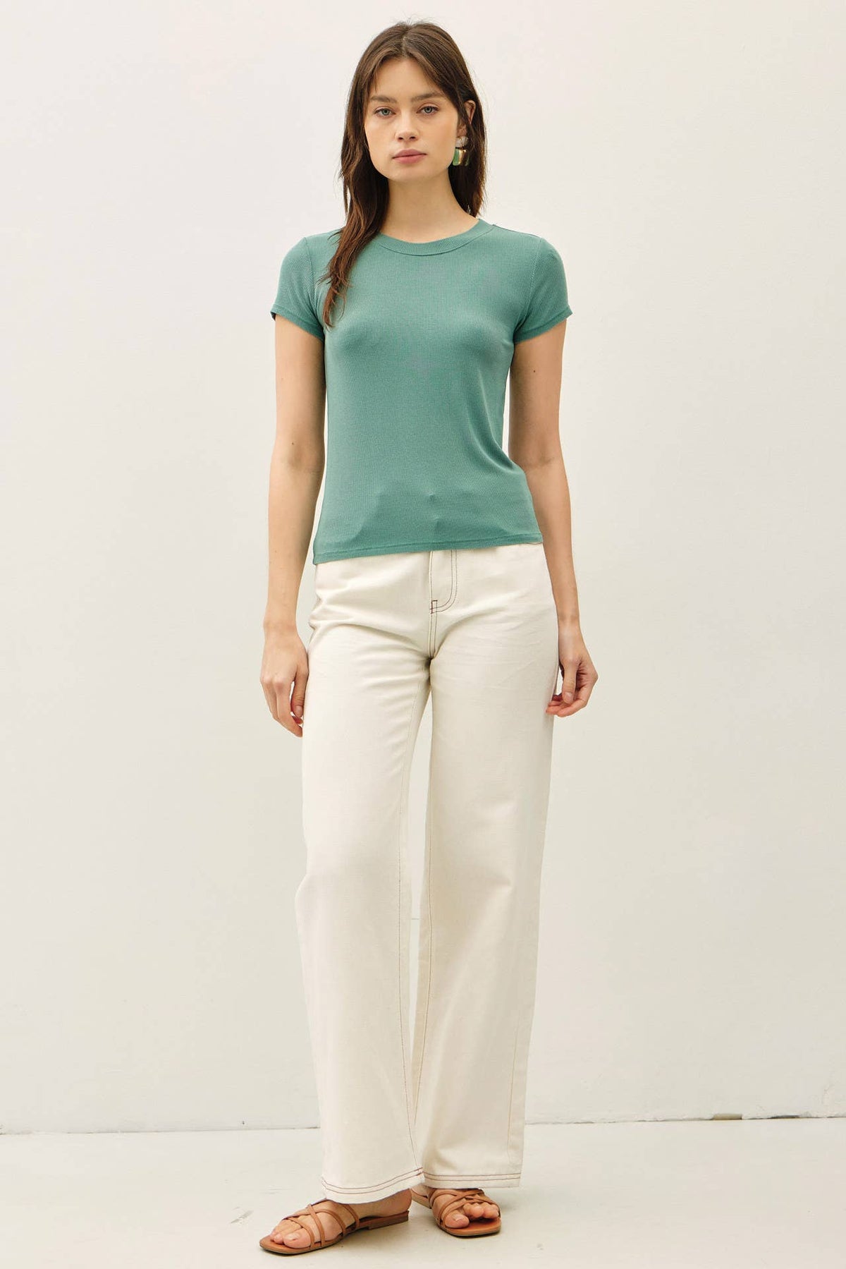 GARMENT DYE RIBBED CREW NECK TOP