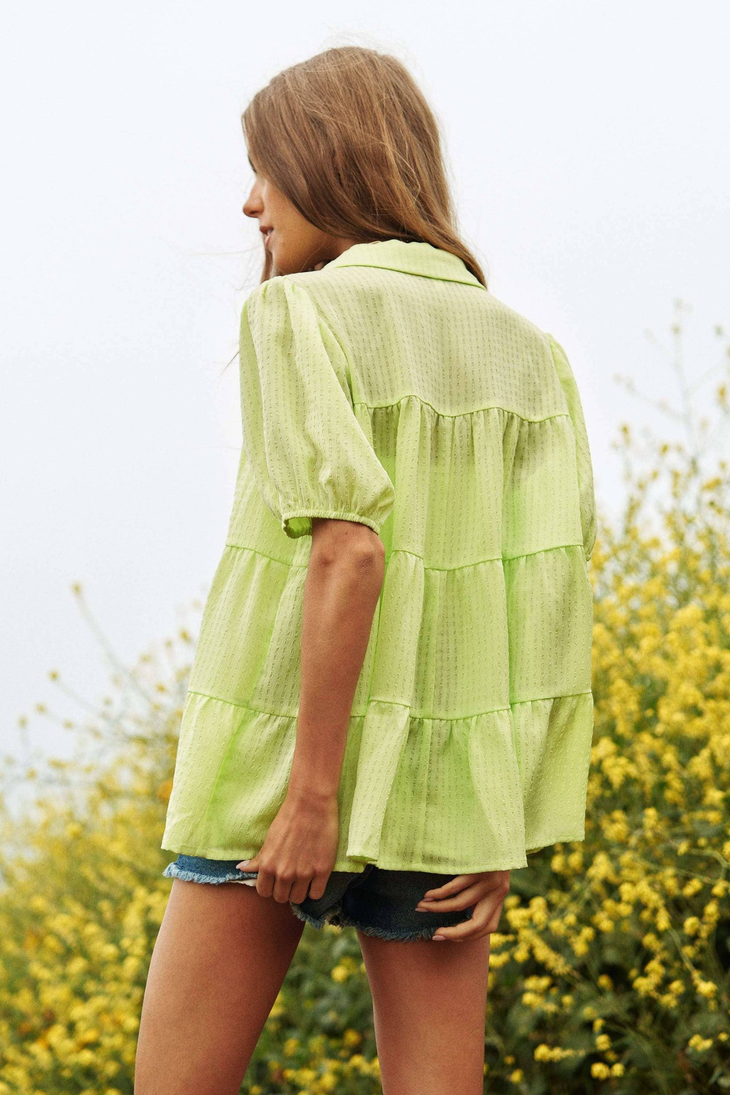 BUTTON DOWN SHORT PUFF SLEEVES BABYDOLL BLOUSE