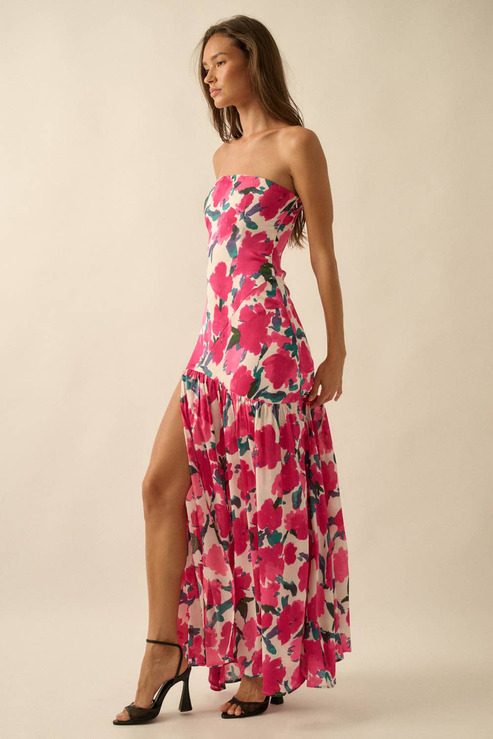 Floral-Print Crepe Strapless Drop-Waist Maxi Dress