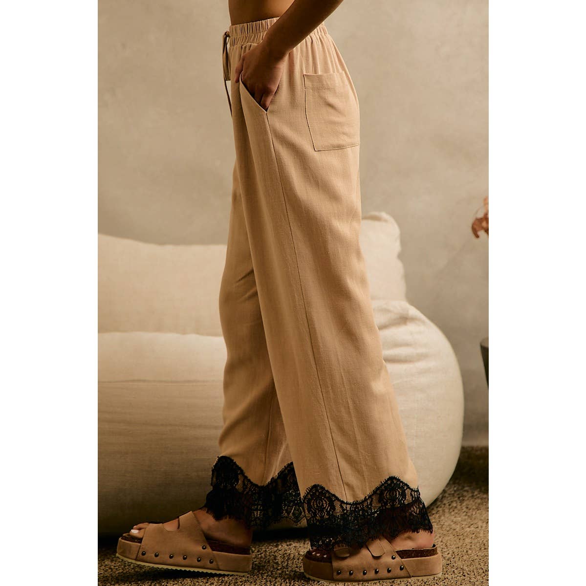 LINEN BLEND LACE TRIM BANDING WAIST PANTS