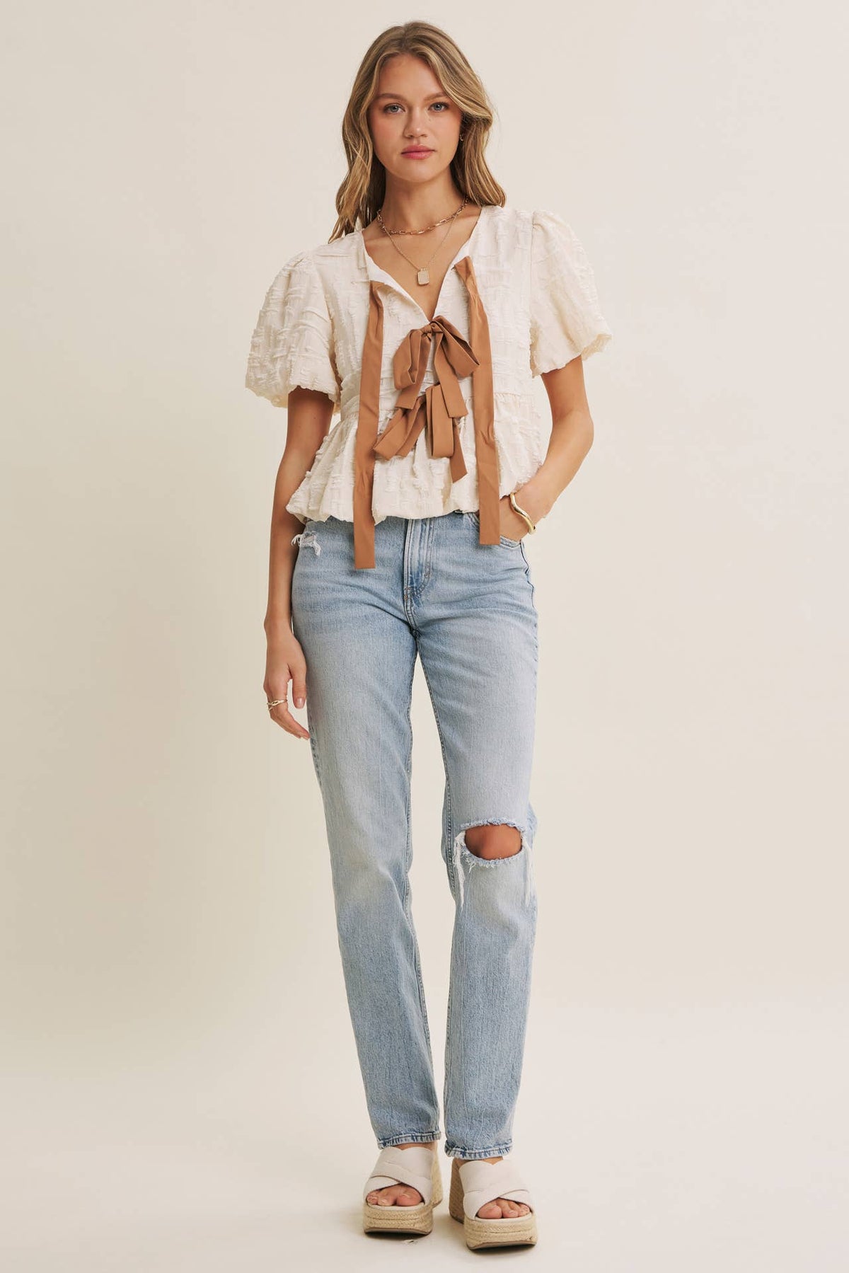 BESTSELLER ROMANTIC TEXTURED CONTRAST BOW PEPLUM BLOUSE