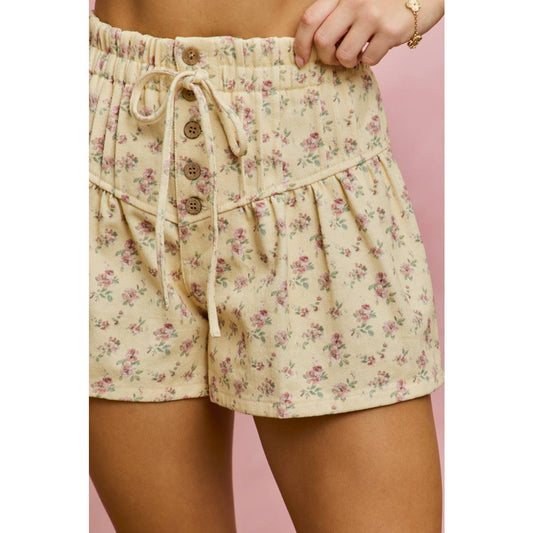 FLORAL PRINT DENIM PINTUCK ELASTIC WAIST SHORTS