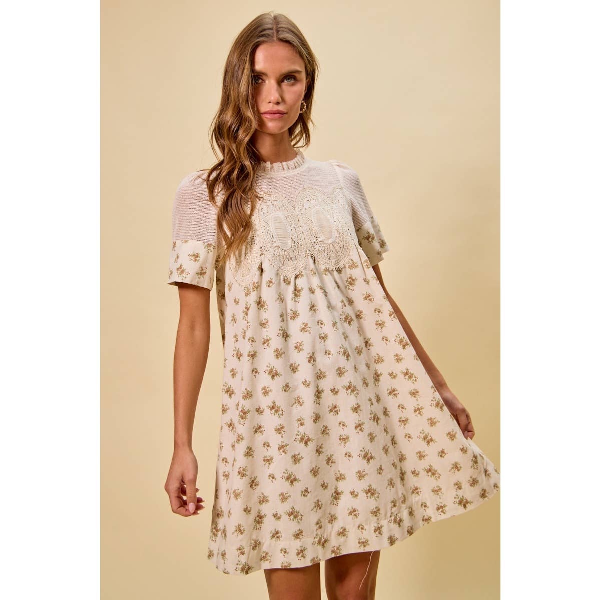FLORAL PRINT LACE TRIM SHORT SLEEVES MINI DRESS
