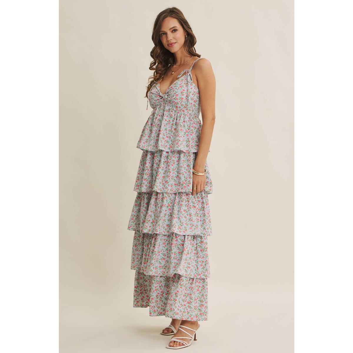 MORNING MEADOW TWISTED FRONT TIERED SMOCKED MAXI DRESS