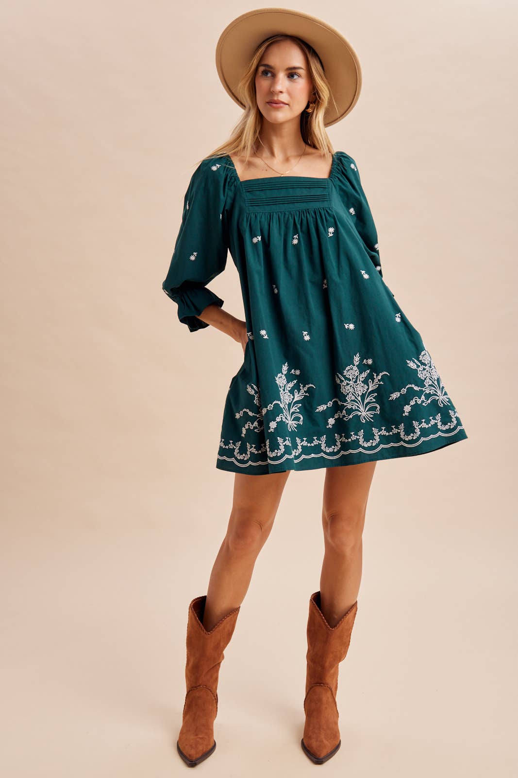 PLEAT DETAIL EMBROIDERED MINI DRESS