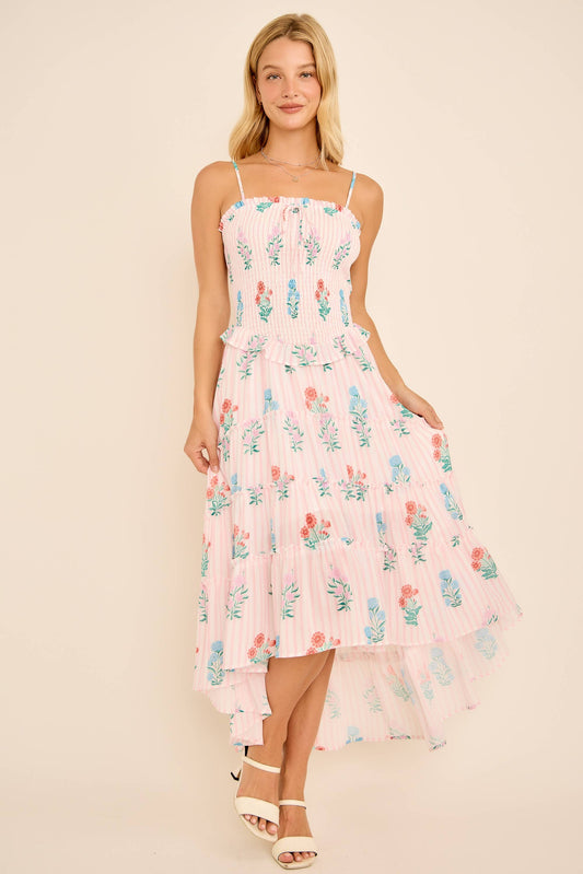 Smocked High-Low Ruffle Tier Strap Midi Dress