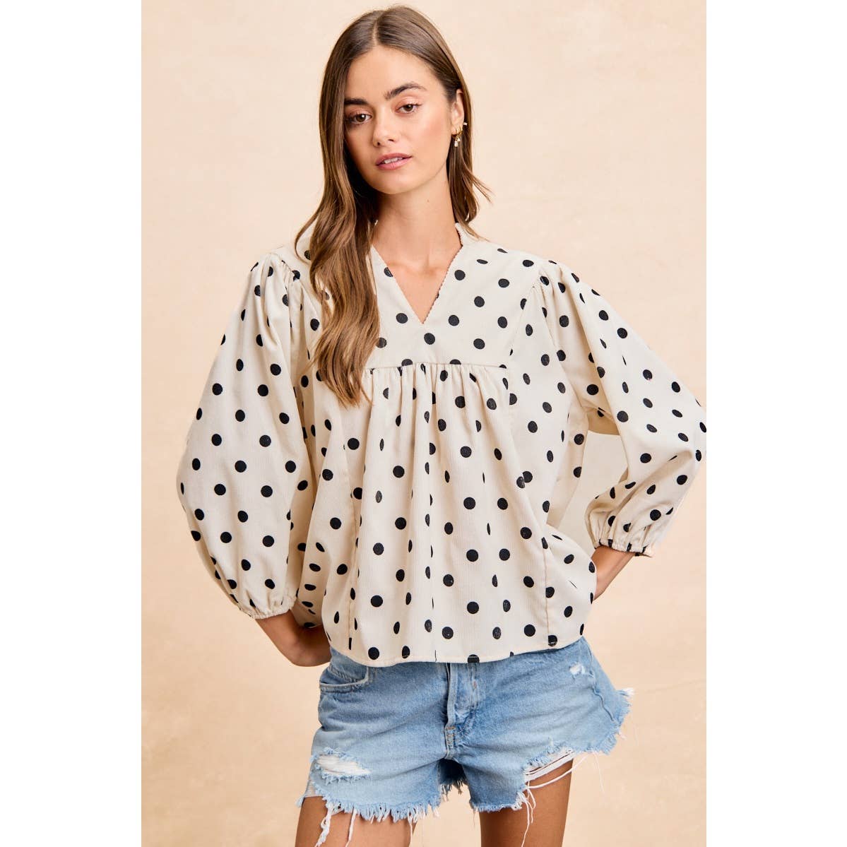 POLKA DOT CORDUROY QUARTER SLEEVES V NECK TOP