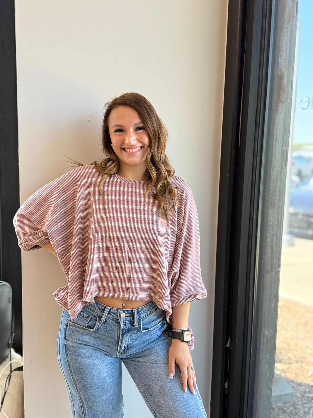 TEXTURE STRIPED PRINT ROUND NECK DOLMAN SLEEVE TOP