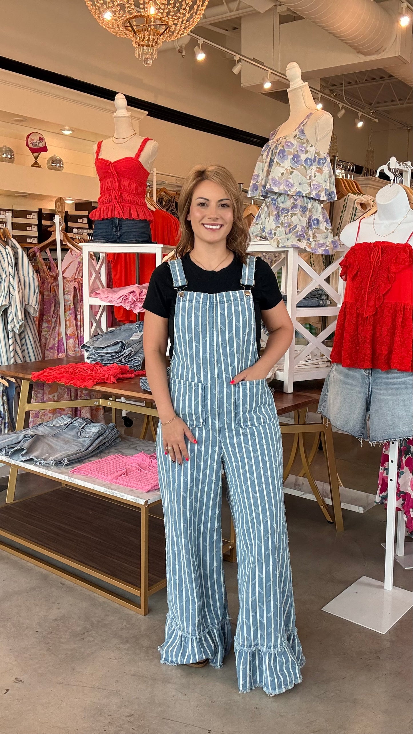 Stripe Denim Ruffle Wide Leg Overalls