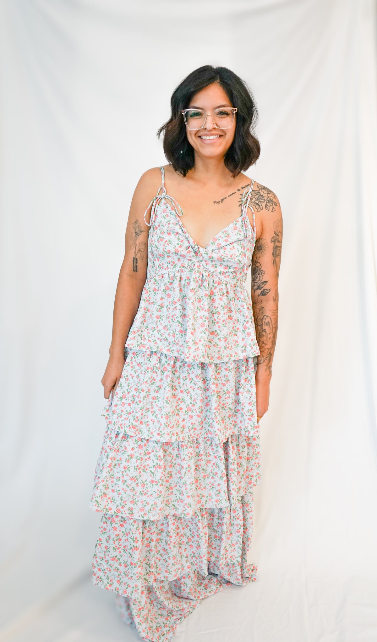 MORNING MEADOW TWISTED FRONT TIERED SMOCKED MAXI DRESS