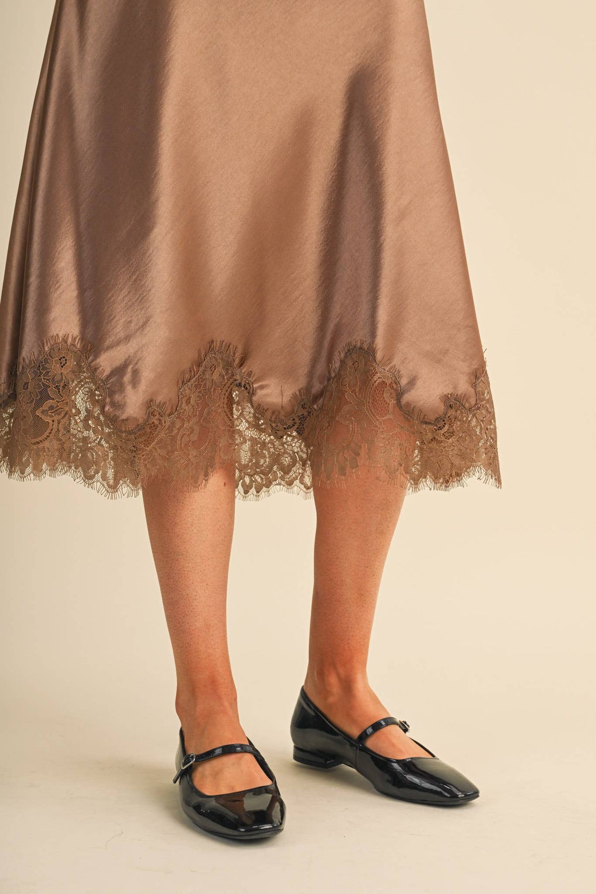 SATIN MIDI SLIP SKIRT WITH LACE HEM