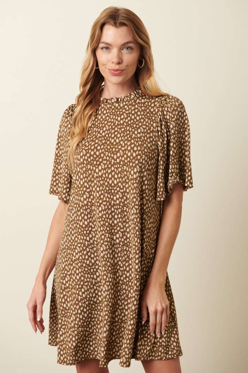 ANIMAL PRINT RUFFLE MOCK NECK MINI DRESS