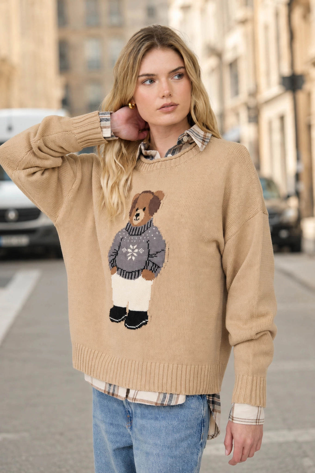 TEDDY BEAR CREWNECK KNIT SWEATER