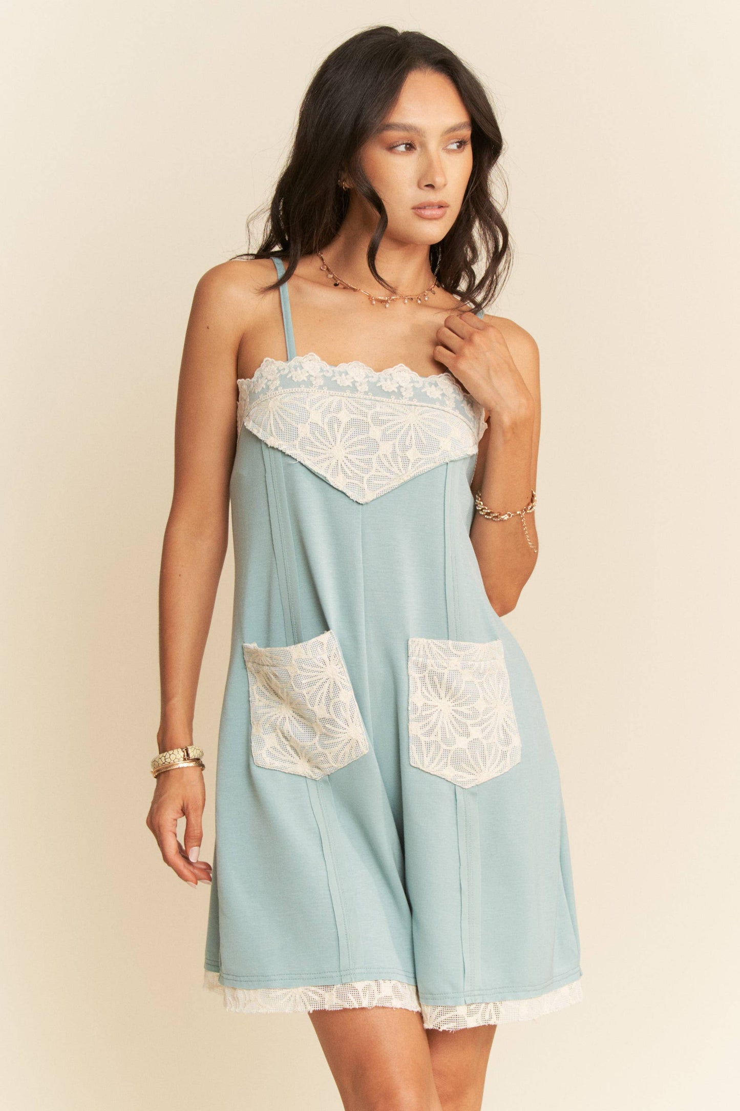 SOFT KNIT LACE INSERTED SEAM DETAIL ROMPER