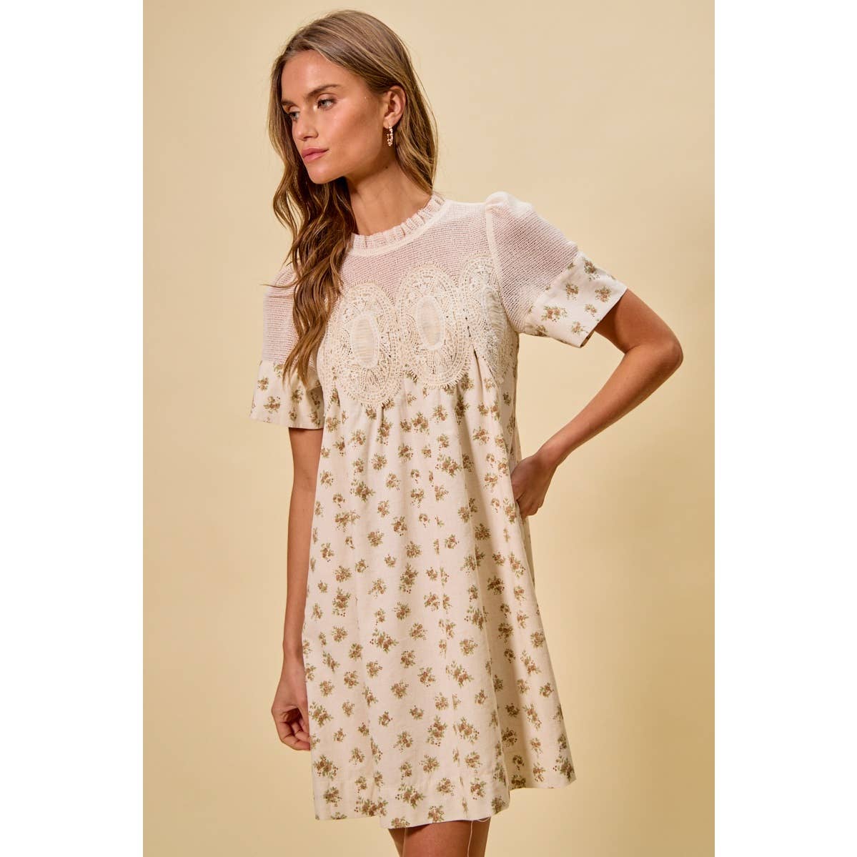 FLORAL PRINT LACE TRIM SHORT SLEEVES MINI DRESS