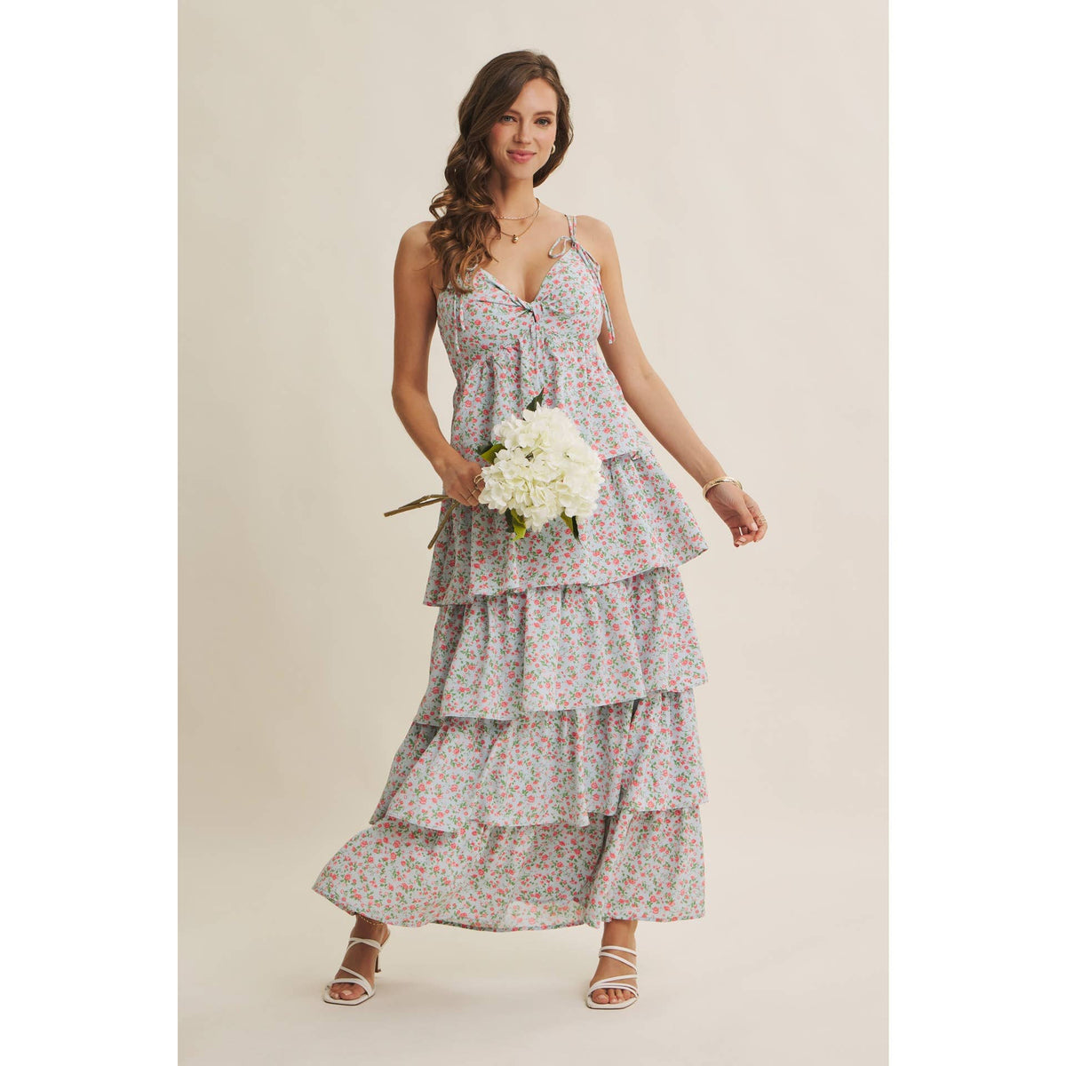 MORNING MEADOW TWISTED FRONT TIERED SMOCKED MAXI DRESS